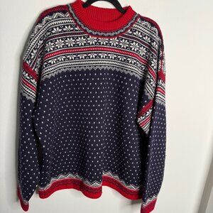 Lands‎ End Unisex XL Vintage Blue Red Nordic Fair Isle 100% Wool Crew Sweater